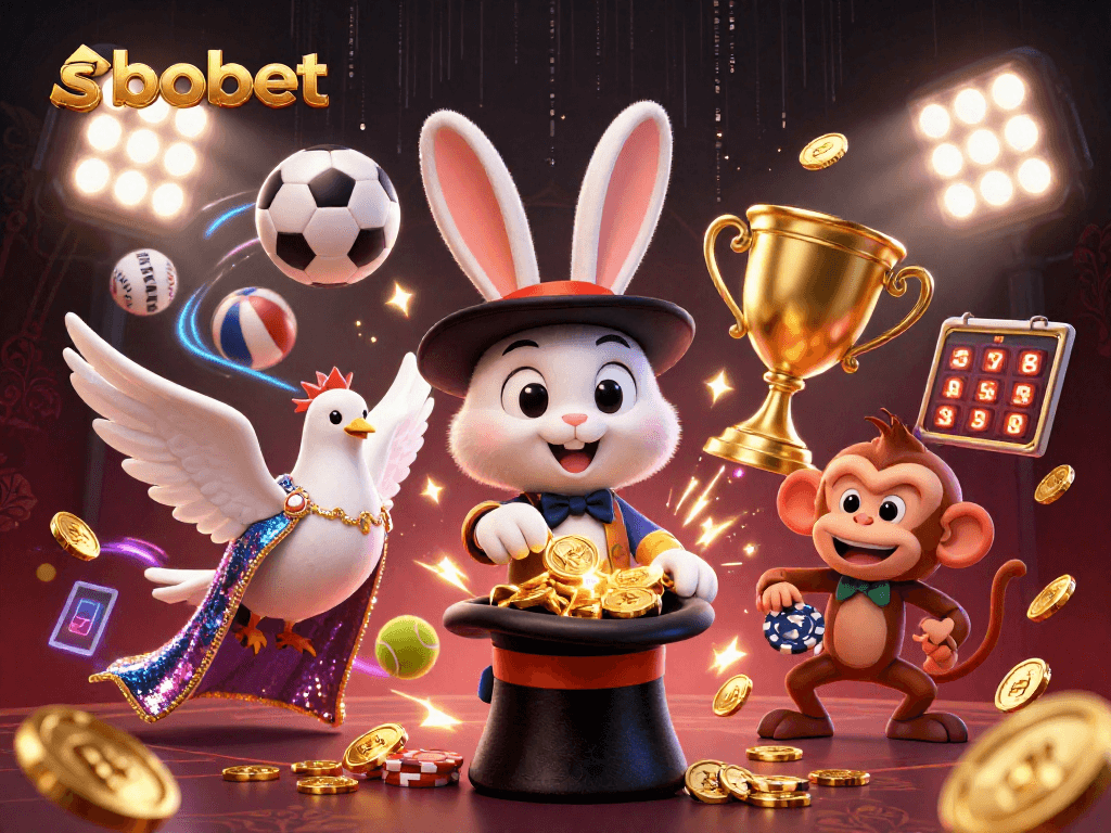 SBOBET's exciting landscape with a magician, dove, and monkey amid dynamic sports and betting elements.