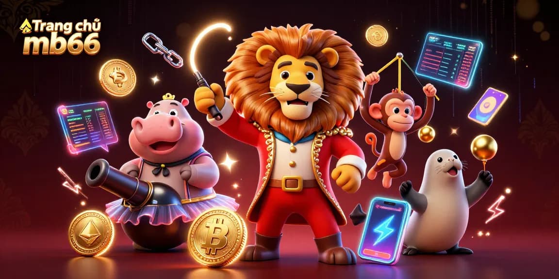 Win big at Trang chủ mb66 with a vibrant circus-themed casino scene featuring colorful characters and crypto elements.