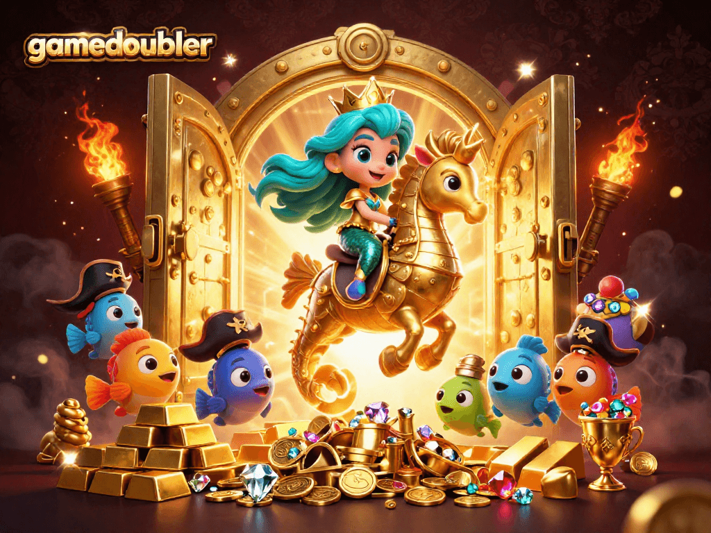 Engage with gamedoubler's vibrant gaming world featuring a mermaid, seahorse, and treasure.