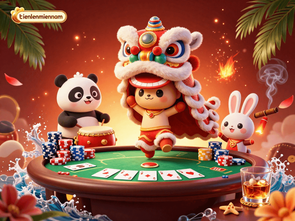 Engage in exhilarating poker action with tienlenmiennam in a vibrant casino scene featuring a dancing lion and lively characters.