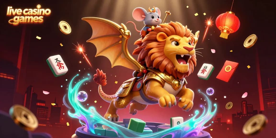 Bet live casino games with a triumphant chimera and a mouse jockey amidst festive gambling elements.