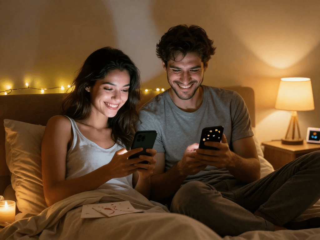 Couple enjoying ai sexting in cozy bedrooms, surrounded by fairy lights and playful emojis, showcasing modern intimacy.
