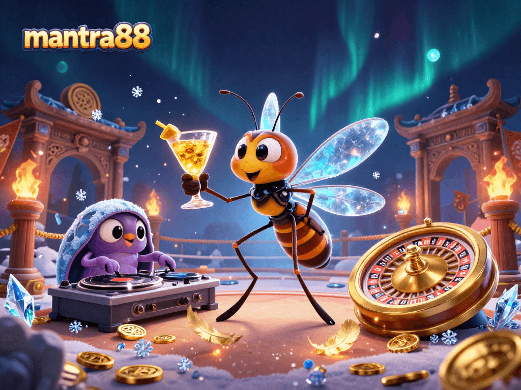 Play exciting games at mantra88 with a cartoon mosquito mascot and thrilling casino elements.