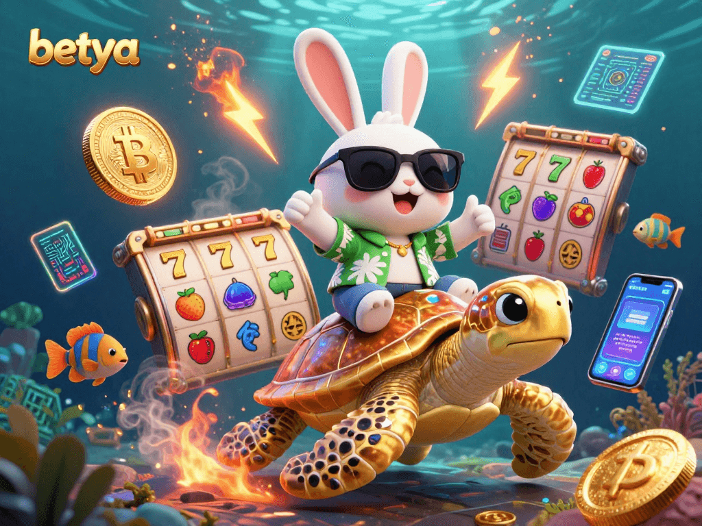 Engage with betya's thrilling slot games through vibrant 3D illustration filled with exciting elements.