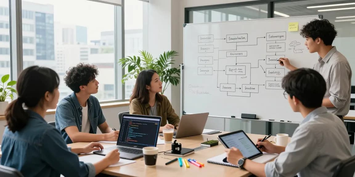 Collaborative team building internal tools with AI in a bright office.