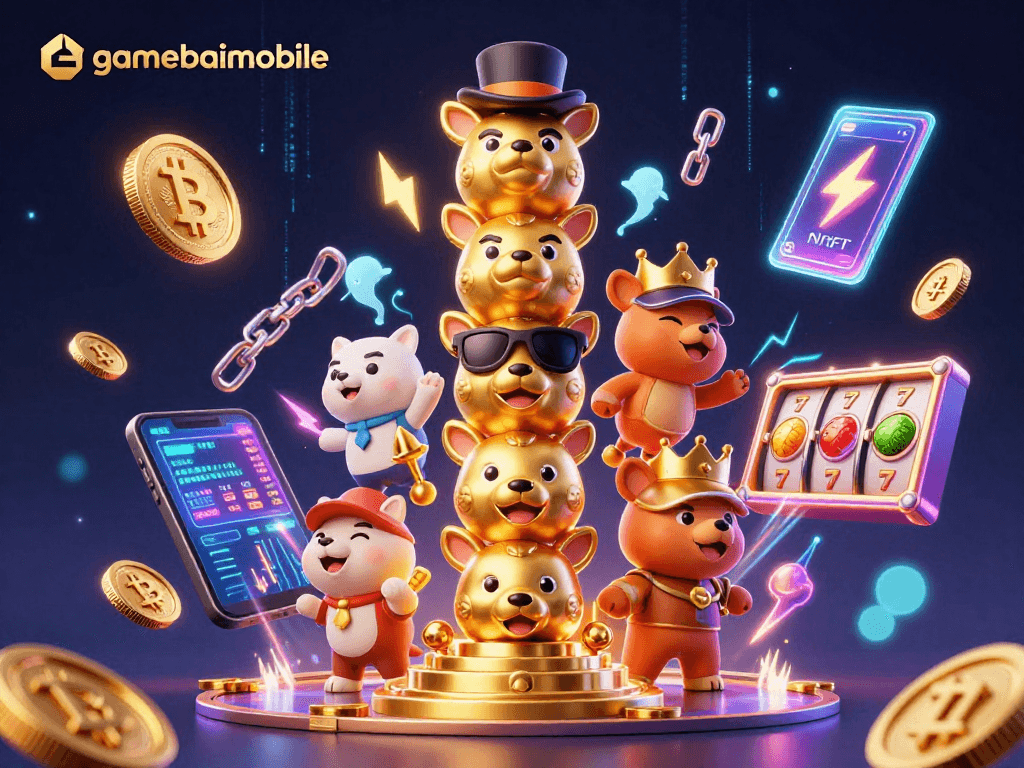 Engage with gamebaimobile in this vibrant 3D casino scene featuring animated slot reels and crypto elements.