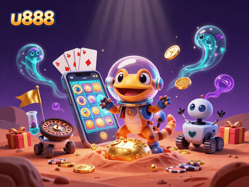 Experience u888's thrilling slot games with a joyful Martian gecko in a vibrant casino scene.