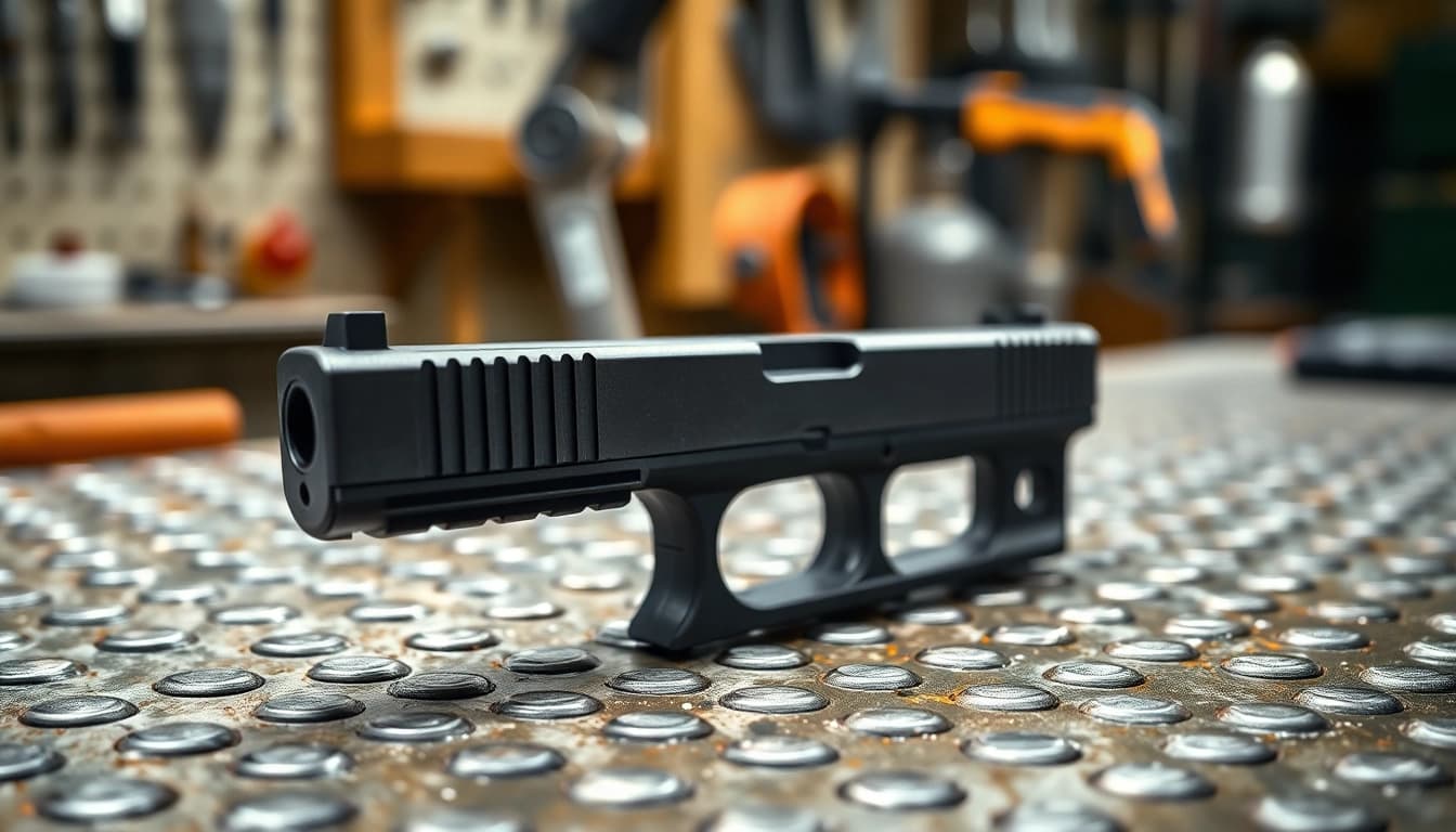 Showcasing an OEM Glock slide with precision detail in a professional workshop setting.