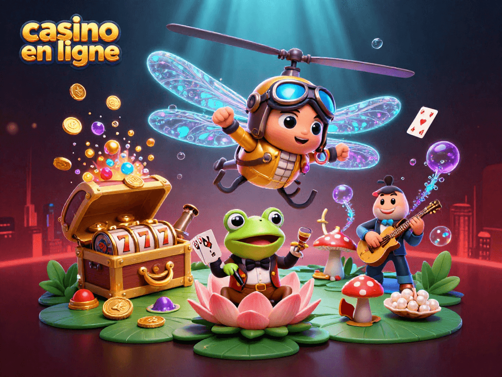 Jouez au casino en ligne avec des croupiers et des jets de pièces scintillantes dans une ambiance colorée.