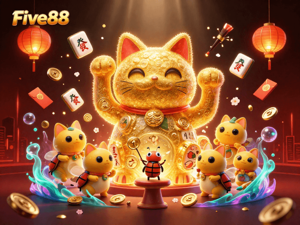 Experience the Five88 magic with a lively scene of golden fireflies, a lucky cat, and vibrant casino symbols.