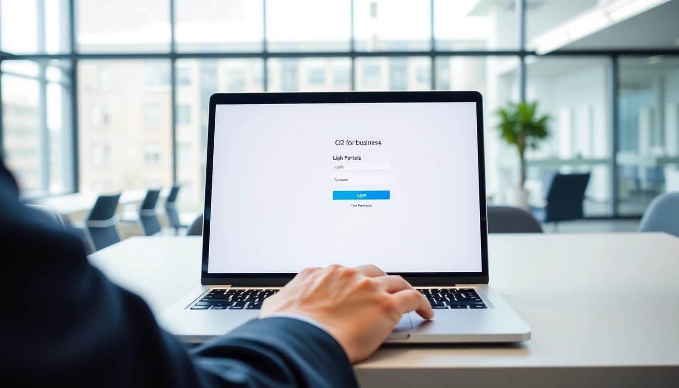 Access the o2 for business login page on a professional laptop in a modern office setting.