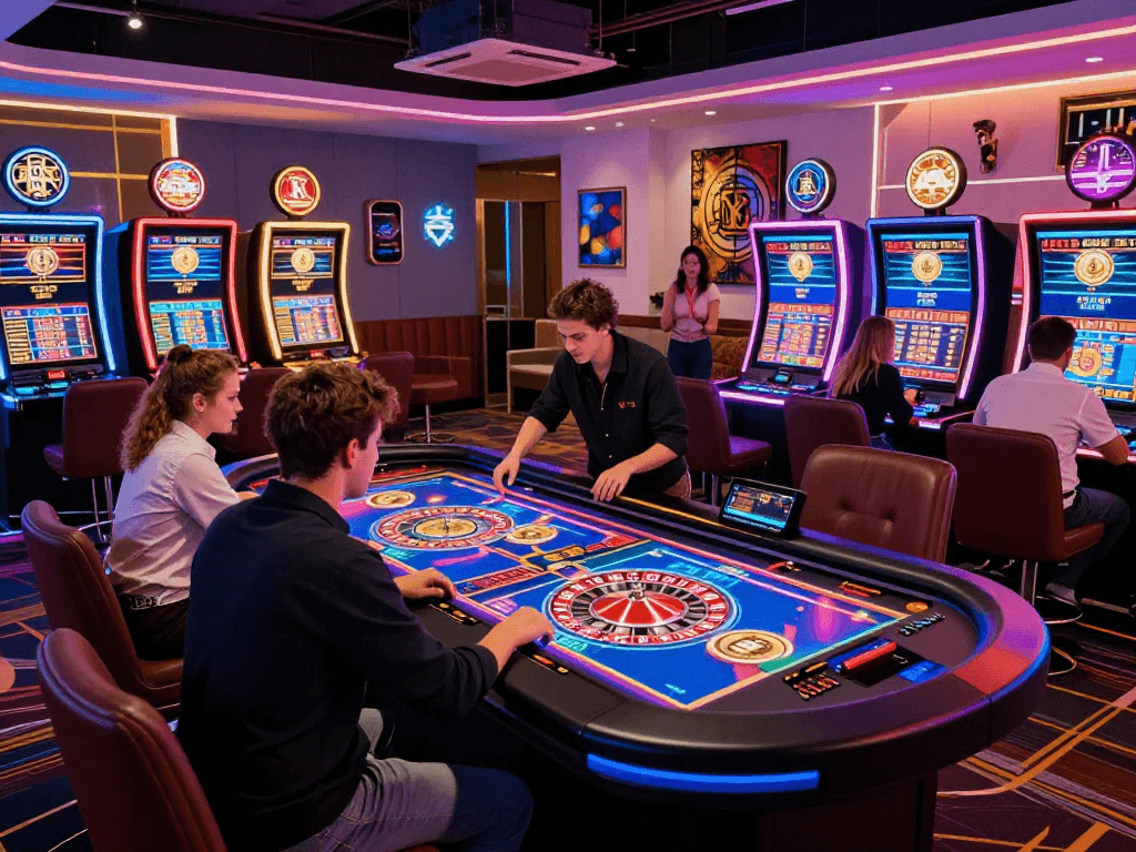 Experience the excitement of a cutting-edge crypto casino with vibrant neon lights and engaged players.