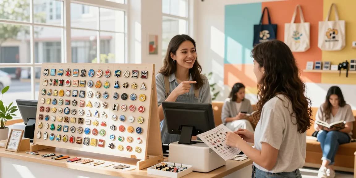 Vibrant display of custom pins in a retail space with engaging staff and customers.