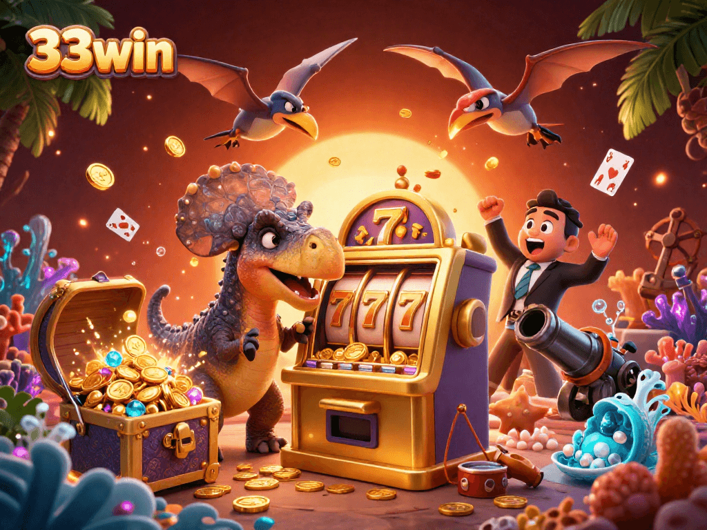 33win slots scene with a pachycephalosaurus winning a jackpot, surrounded by vibrant casino elements.