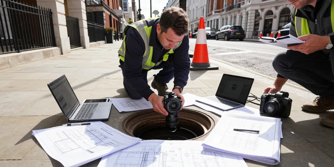 CCTV Drainage Surveys london Surrey in action, technician inspecting drainage systems with modern equipment and urban backdrop.