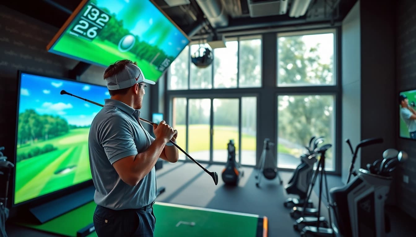 Player engaged with a simulator showcasing advanced features in a modern golf studio.