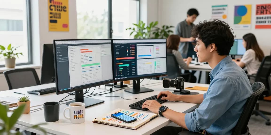 Marketer analyzing digital campaign metrics at a modern workspace showcasing 456bd strategies.