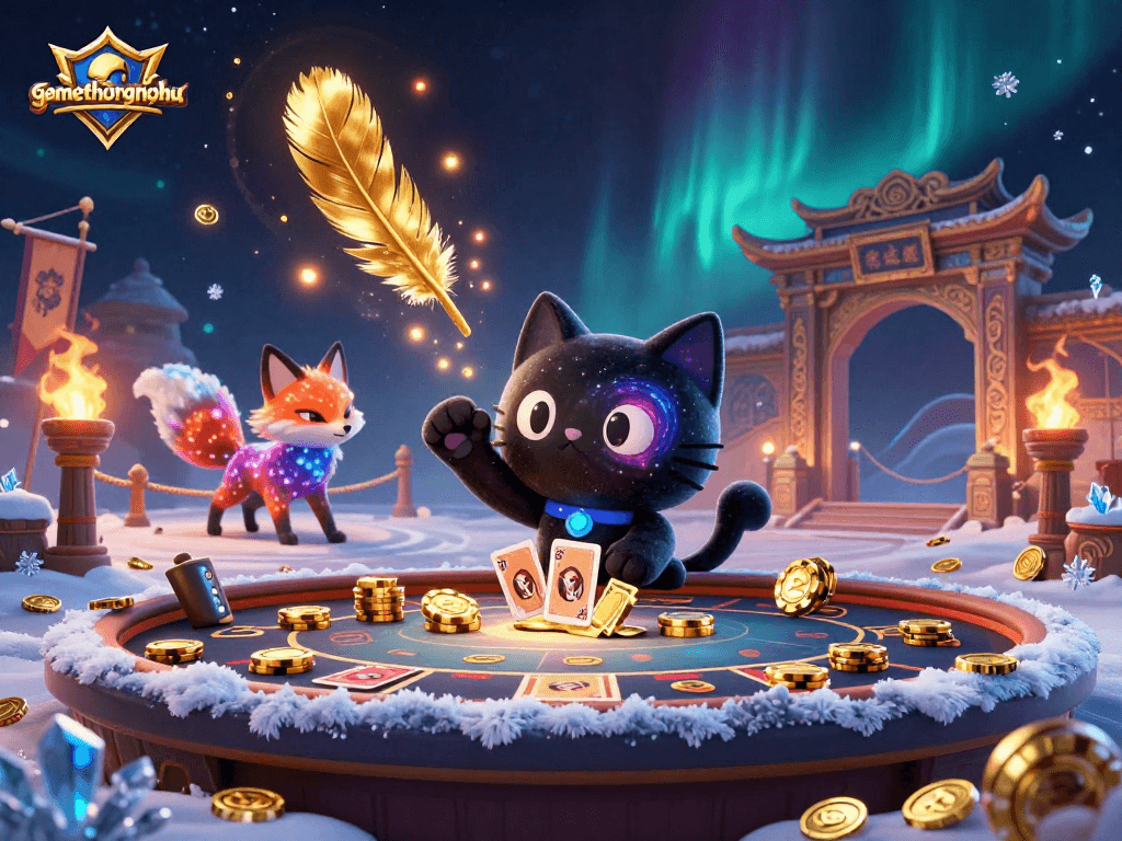 Engage with gamethuongnohu in this vibrant cosmic casino scene featuring a black hole cat and a nebula fox.