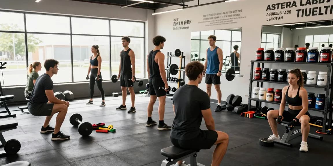 Energetic gym scene showcasing Astera Shop products and fitness enthusiasts training.