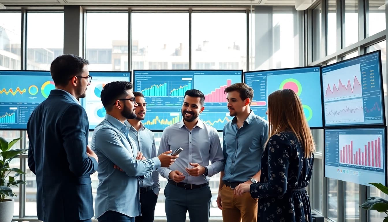 Analyze app intelligence tools metrics in a modern office environment with diverse professionals.