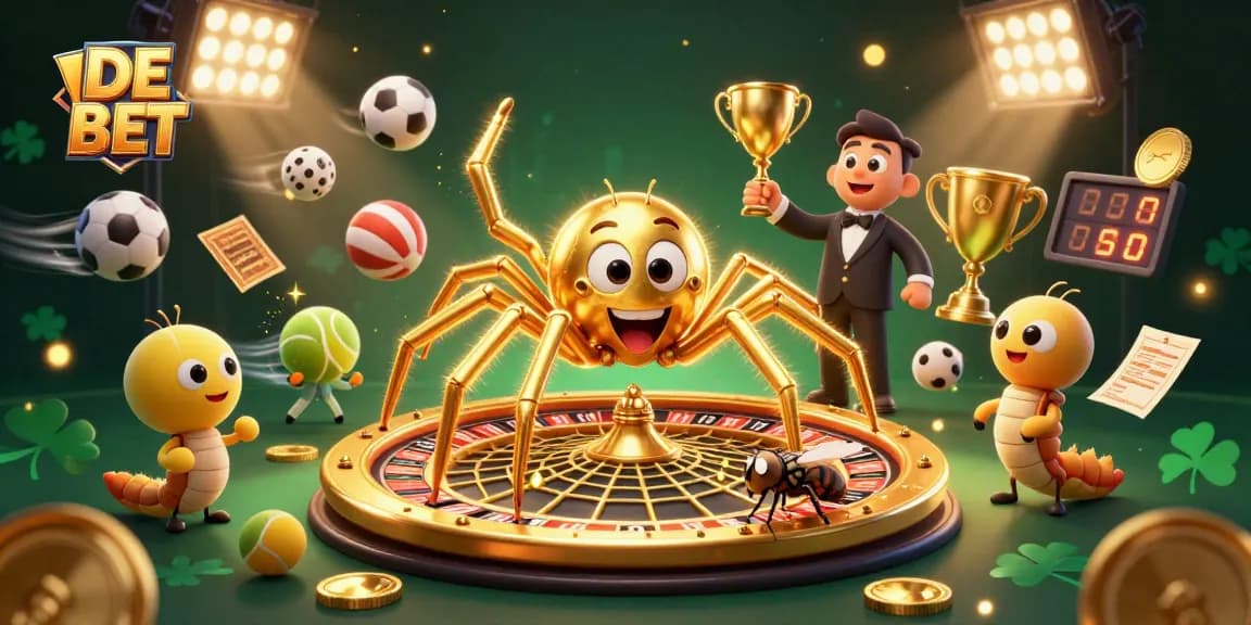 Experience the thrill of DE BET with a vibrant casino scene featuring a spinning roulette wheel and betting action.