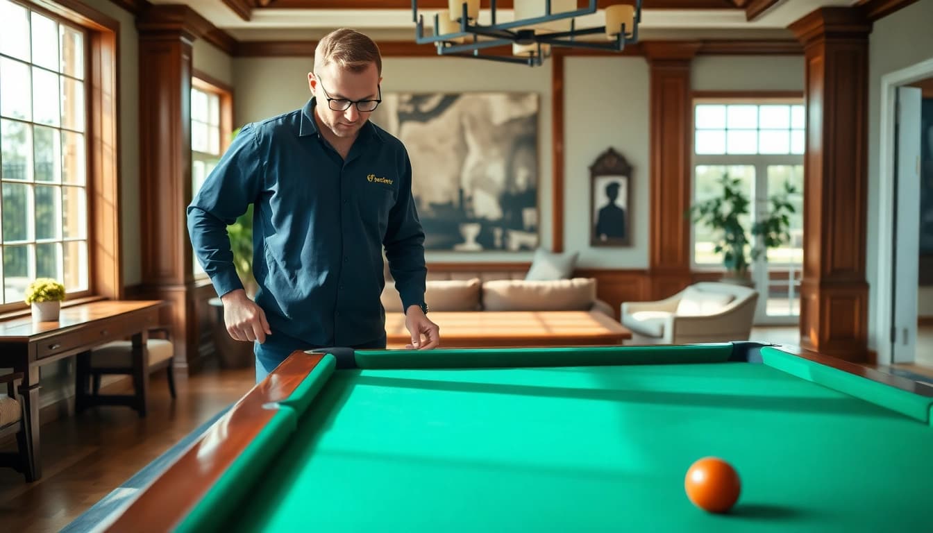 Pool table mover carefully disassembling a slate pool table in a brightly lit game room.