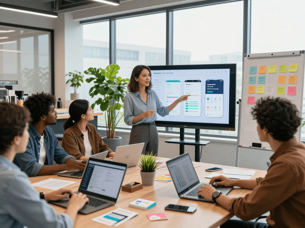 Purchase app installs while collaborative team analyzes app metrics in a vibrant office.