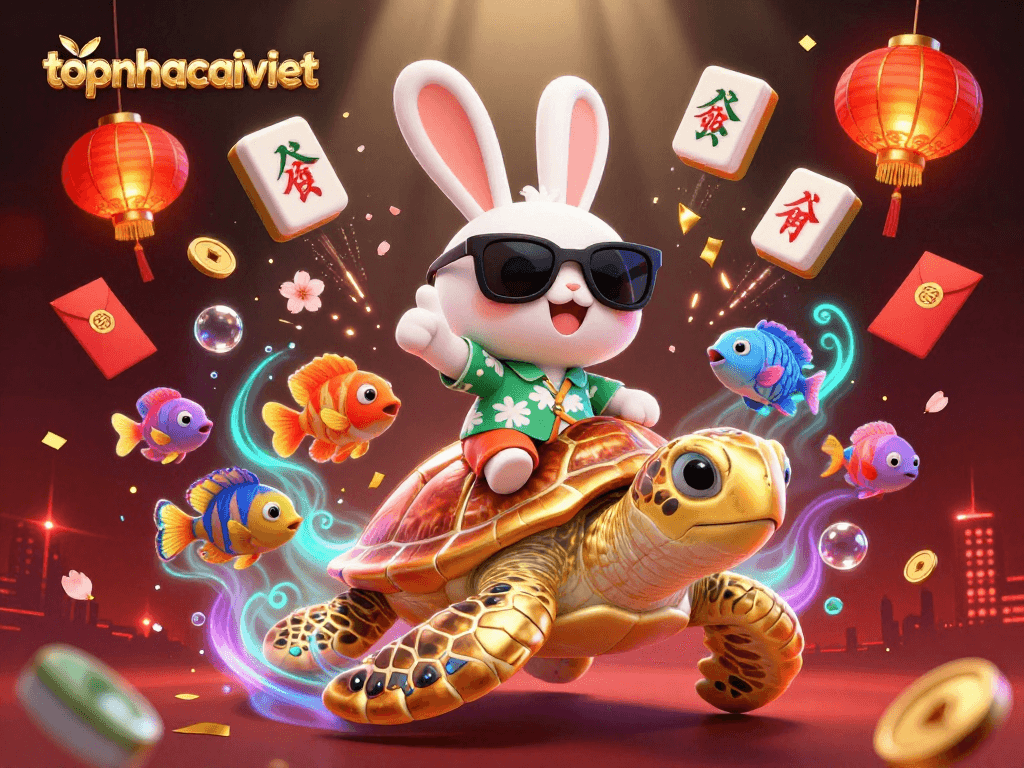 Experience topnhacaiviet with a lucky rabbit and golden turtle in a vibrant casino scene with dynamic elements.