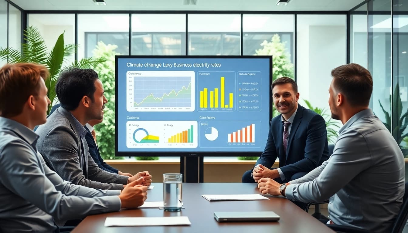 Analyze ccl climate change levy business electricity rates in a professional office setting with engaged team members.