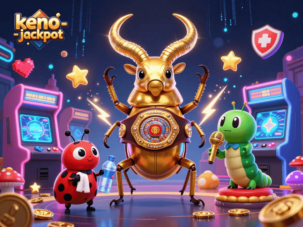 Keno-jackpot vibrant scene with a giant golden beetle, ladybug, caterpillar, and arcade elements