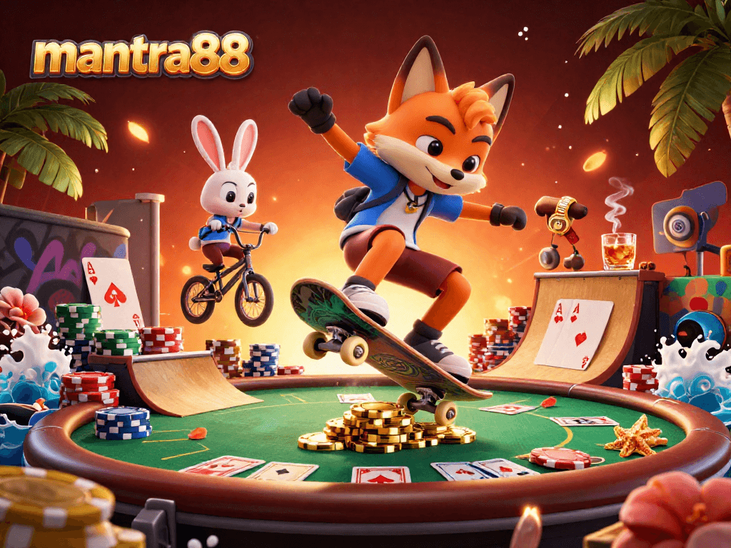 Mantra88's vibrant scene with a skateboarder fox and BMX rabbit showcasing thrilling casino adventures.