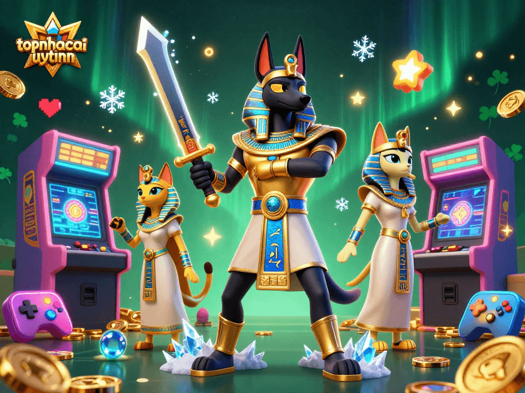 Engage with topnhacaiuytinn's thrilling gaming atmosphere alongside ancient Egyptian icons and vibrant casino elements.