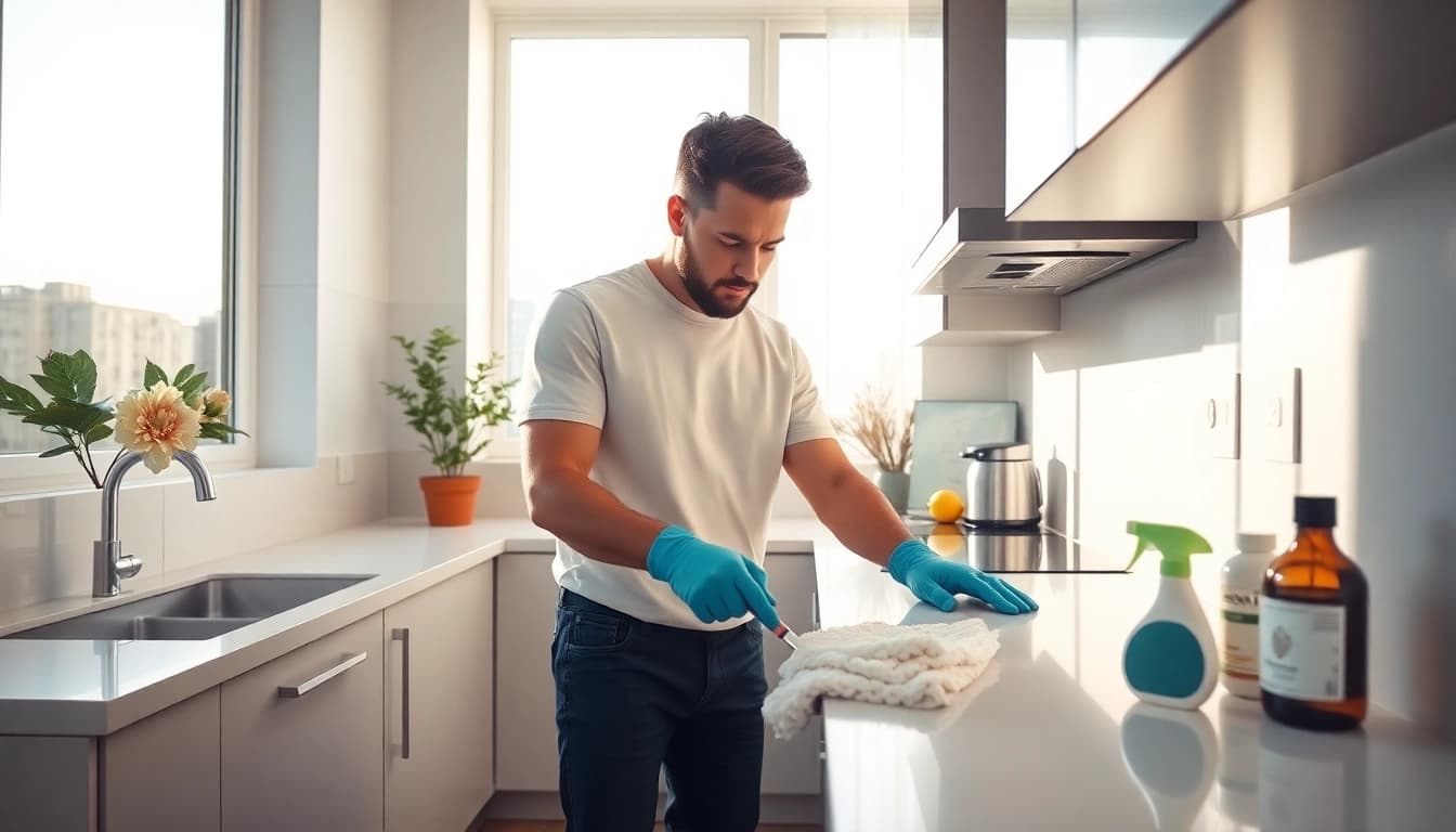 Bond cleaning service in action, showcasing a cleaner focusing on kitchen surfaces.