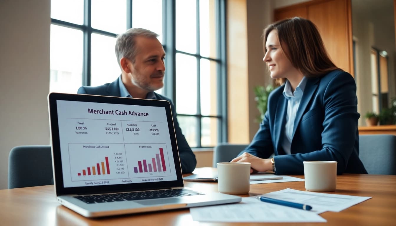 Analyze merchant cash advance rates with financial advisor in a modern office setting.