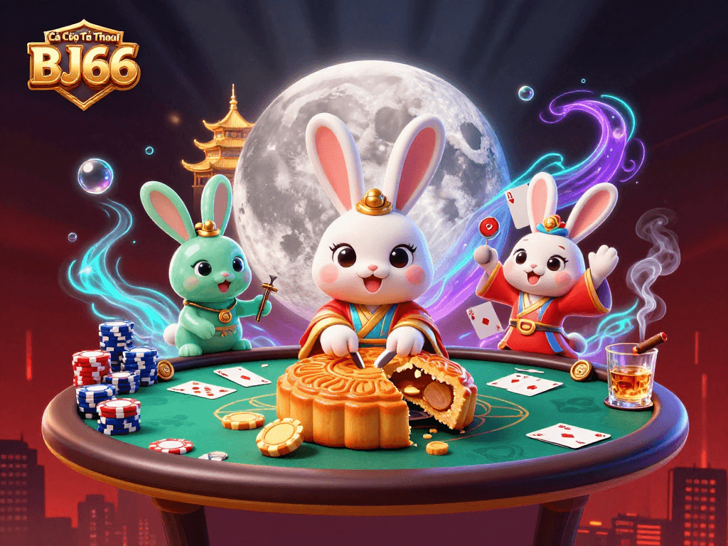 Cá Cược Thể Thao BJ66 với hình ảnh con thỏ trên mặt trăng cùng những chip poker lấp lánh.