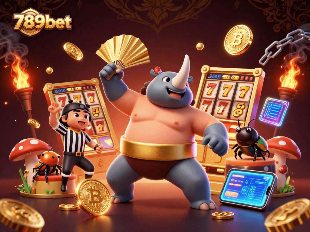 Experience the excitement of 789bet with a lively 3D casino illustration featuring a beetle sumo champion.