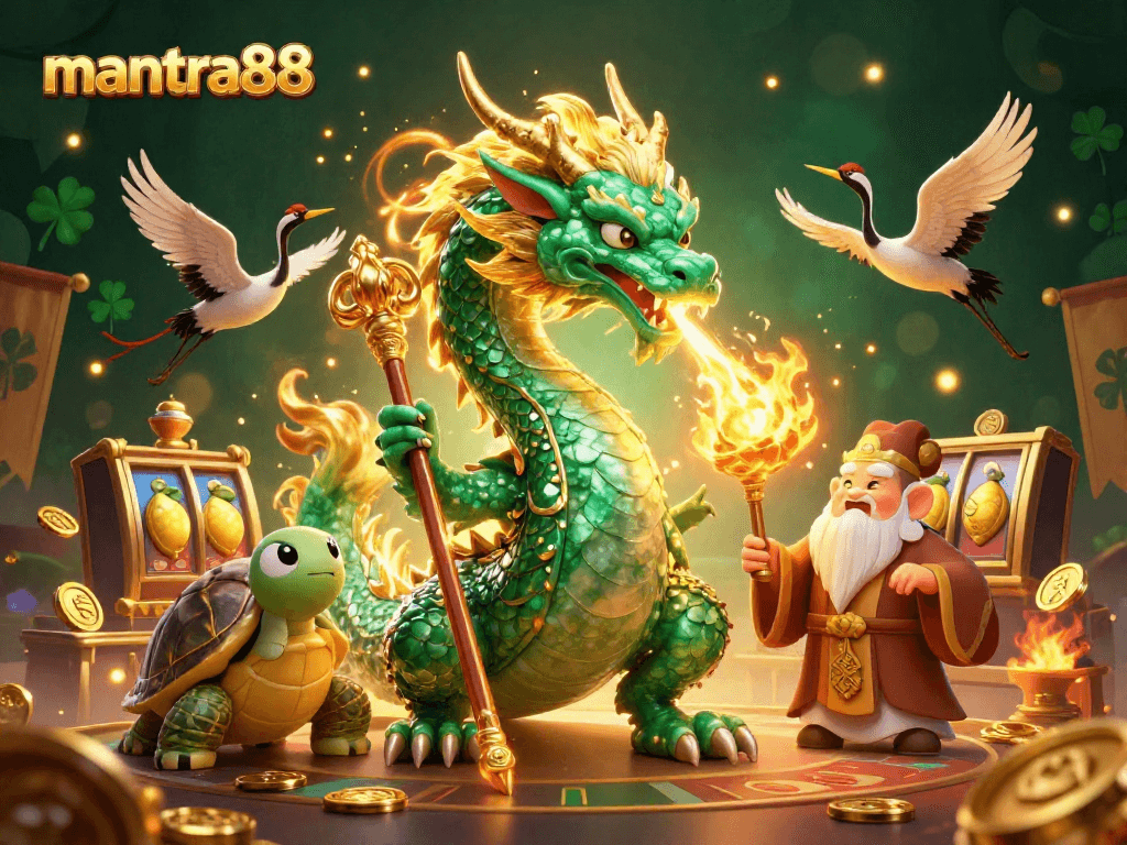Explore the captivating mantra88 casino scene with a jade dragon, sage turtle, and lucky cranes amidst vibrant gaming elements.