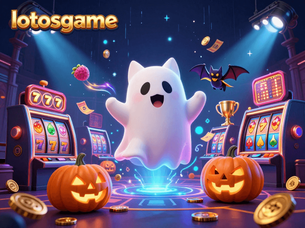 Experience thrilling gameplay with lotosgame in a haunted haunted casino setting, featuring playful ghost cat and bat.
