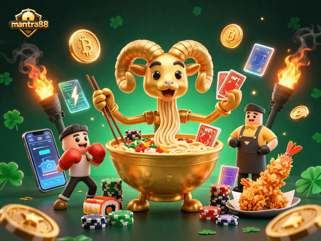 Experience mantra88's exciting gambling world with a vibrant 3D illustration showcasing dynamic characters and engaging casino elements.