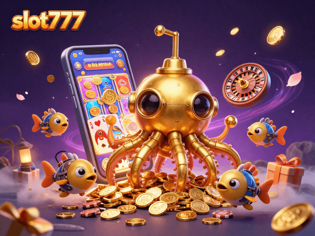 Experience exciting gameplay with slot777, featuring a golden kraken submarine and vibrant game elements.