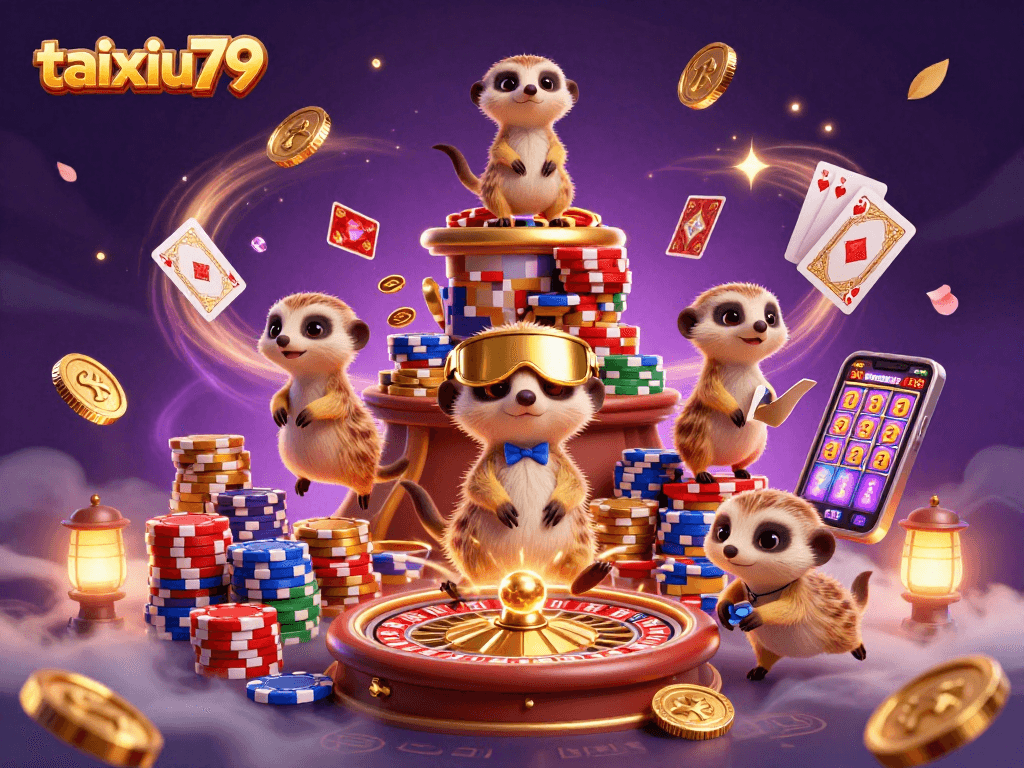 Experience thrilling gaming at taixiu79 with a colorful meerkat casino scene full of action and excitement.