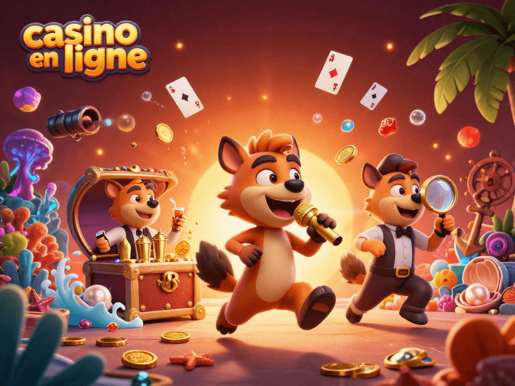 Plongez dans l'univers du casino en ligne avec cette illustration vibrante et dynamique où des hyènes animent un club de comédie à la mer.