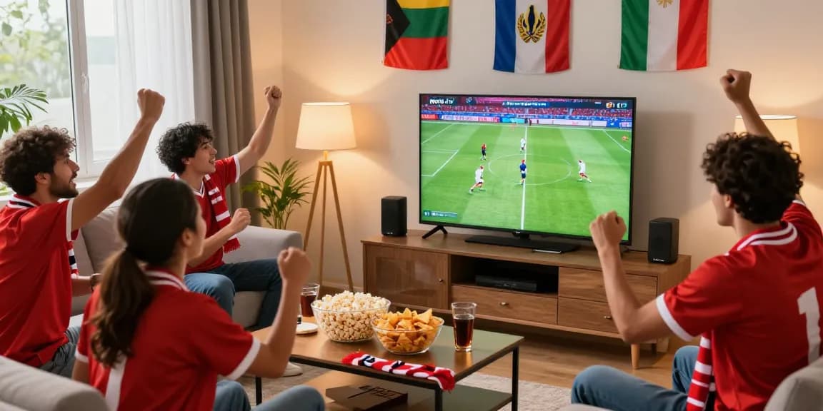 Friends watching a kora tv live sports match in a lively living room.