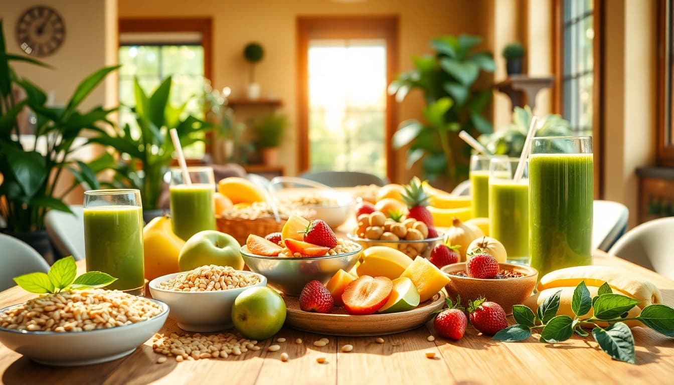 Healthy Life breakfast table with fresh fruits, smoothies, and grains, creating a vibrant, energizing scene.
