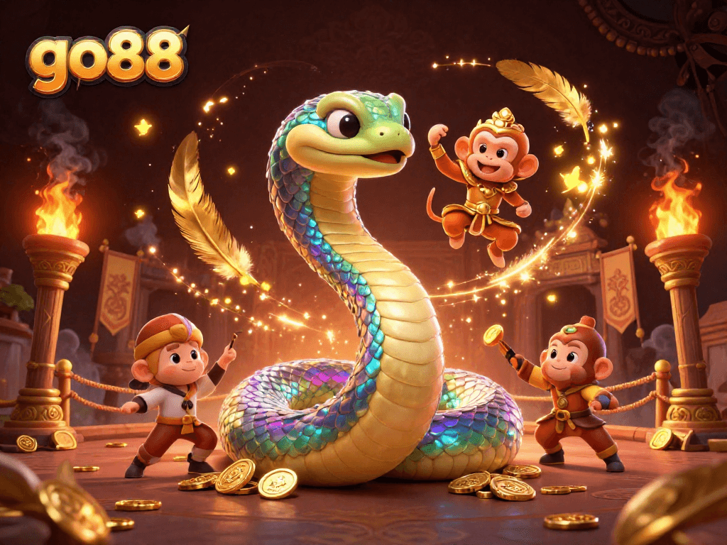 Join the go88 excitement with a vibrant casino adventure featuring a rainbow serpent and golden tokens.