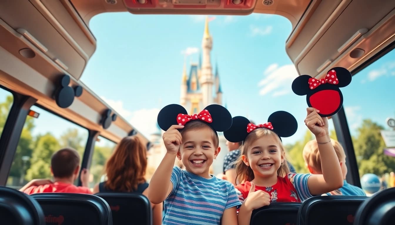 Families enjoying a disney paris airport transfer, arriving at Disneyland's entrance with excitement.