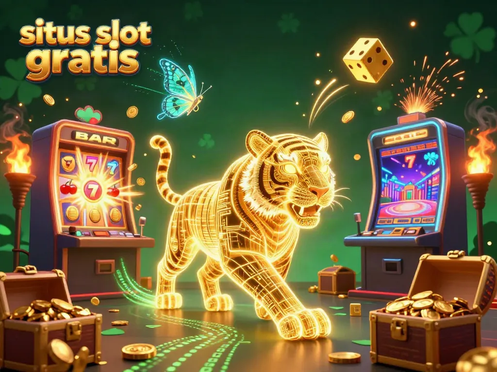 Experience situs slot gratis with a captivating 3D golden tiger and vibrant casino elements in a dazzling setting.