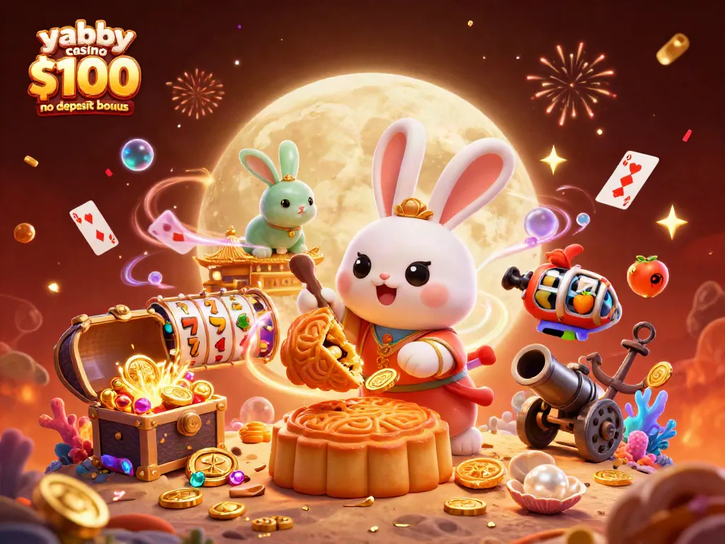 Play the Yabby Casino $100 no deposit bonus surrounded by fun casino elements and vibrant celebrations.