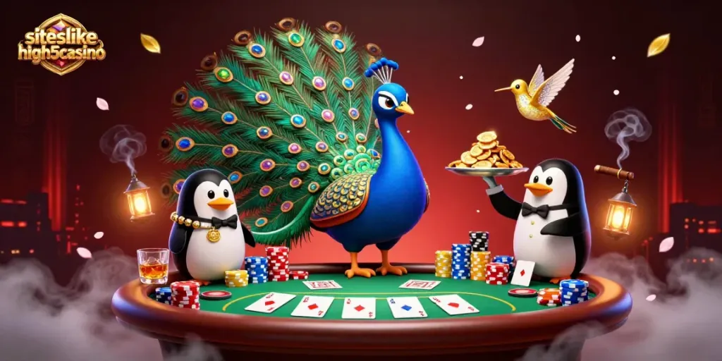 Engage with siteslikehigh5casino's vibrant casino atmosphere featuring a peacock and penguin in action.