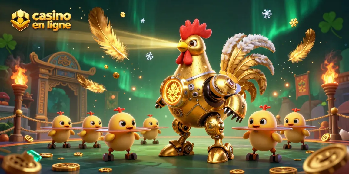 Illustration dynamique de l'univers du casino en ligne avec un robot coq doré et des drones de poussins.